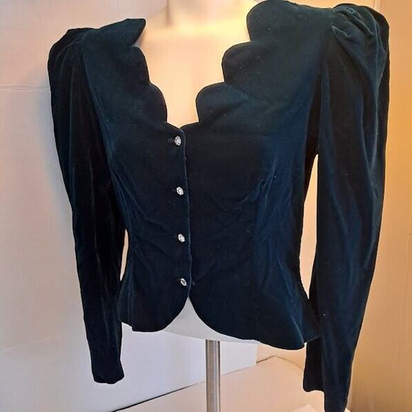 Vintage Velvet Jacket Teal Crystal Buttons Scalloped VNeck Edge Size 11/12 Y2K - Picture 8 of 10